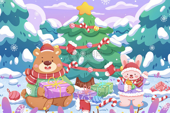 圣诞节小熊与兔子森林插画图片