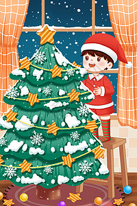 圣诞节装饰圣诞树的小孩图片