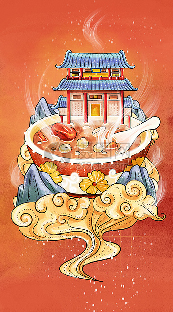 腊八粥中国风建筑春节习俗喜庆插画图片