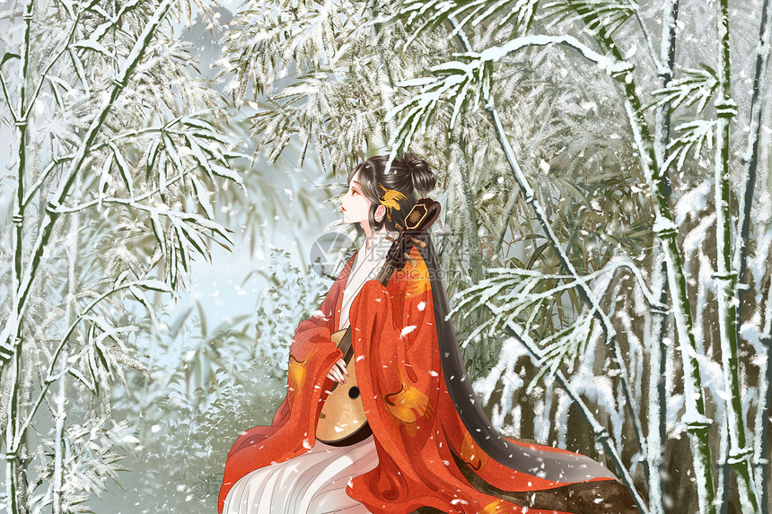 大雪竹林里的古代红衣女子古风插画图片
