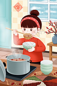 厨房里做腊八粥的女孩图片
