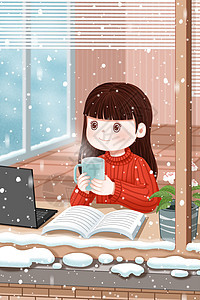 冬天窗里拿着热水杯的女孩图片
