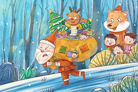 圣诞节森林中圣诞老人礼物儿童可爱治愈系插画背景图片