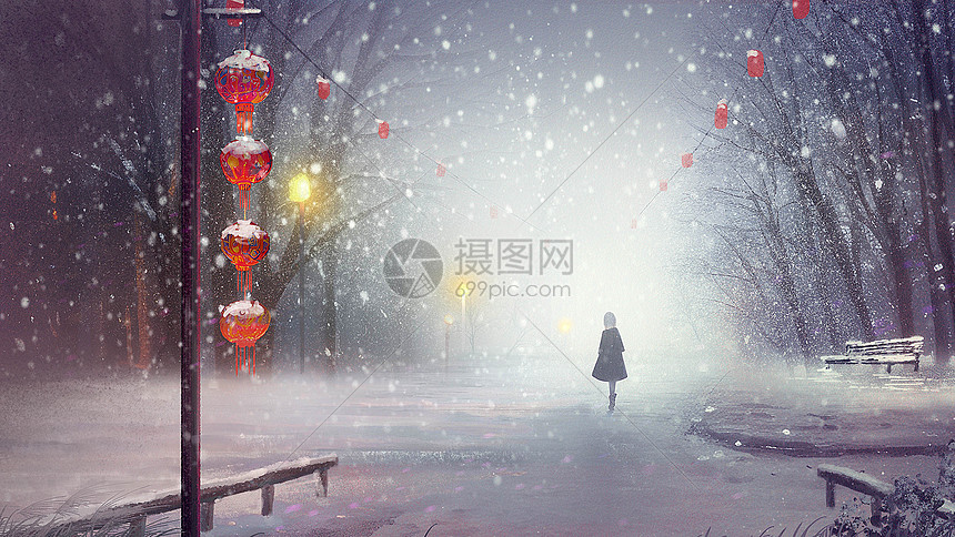 女孩在雪中漫步图片