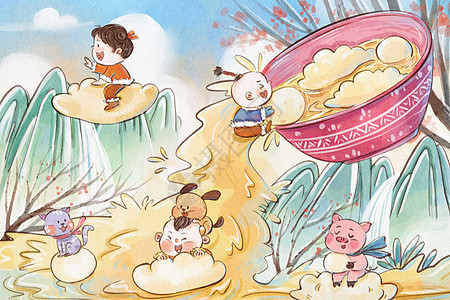冬至节气中国风水彩儿童动物可爱治愈系插画图片