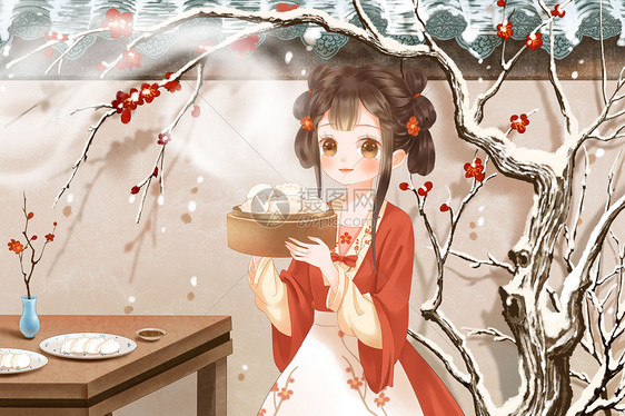 冬至端着饺子的古风少女图片