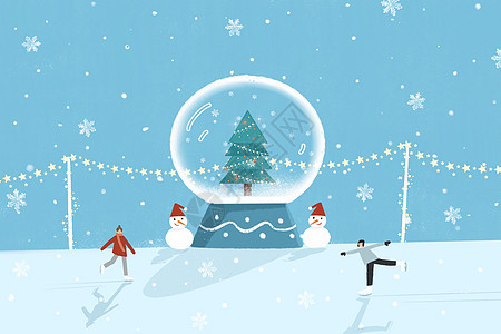 圣诞节情侣滑冰插画背景图片