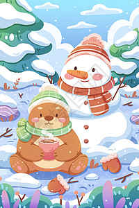 冬天小熊与雪人卡通插画图片