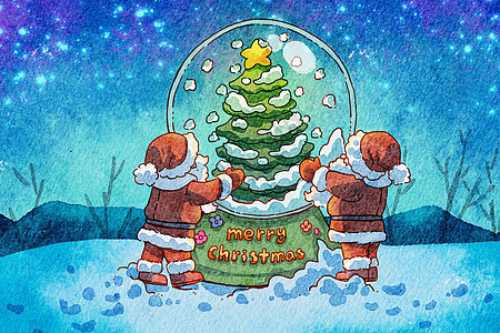 圣诞节水彩圣诞老人和圣诞树水晶球背景图片