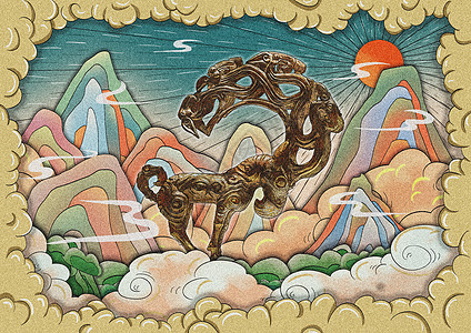 象牙制品陕西历史博物馆汉代匈奴墓金怪兽插画