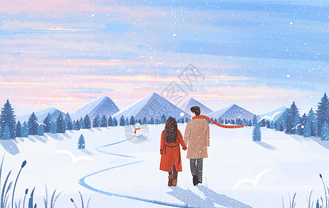 冬景冬至冬天甜蜜情侣户外牵手散步背影雪地场景插画插画