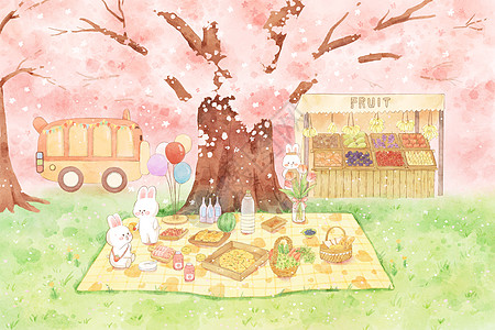 兔子春天樱花野餐露营水彩风可爱治愈横版插画背景图片