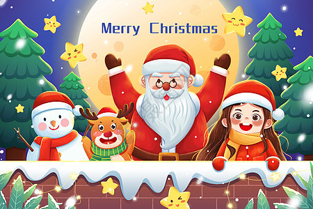 圣诞节圣诞老人女孩麋鹿雪人插画背景图片