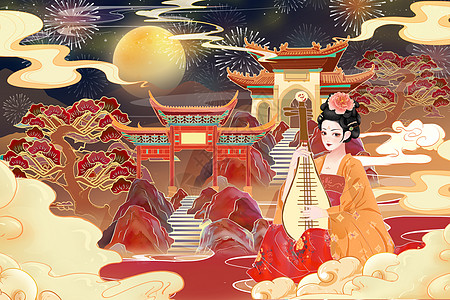 国潮中国风元旦山水建筑古风美女海报插画图片素材