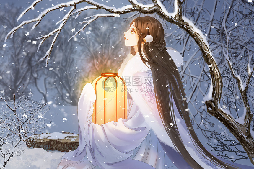 小寒古风插画坐在雪地上的古代女子图片