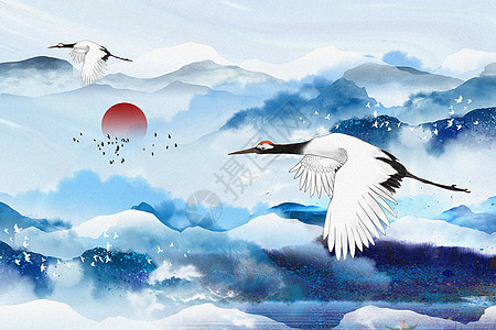 远山云雾国潮风冬季背景设计图片