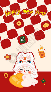 红色格子新年抱元宝兔壁纸背景图片