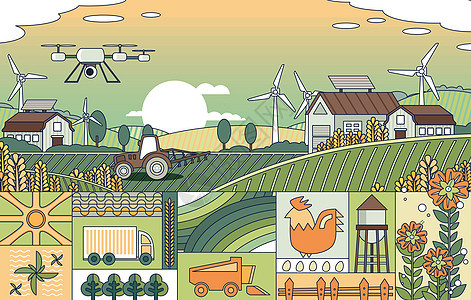 新能源清洁能源智慧农业智慧城市线描风横版插画背景图片