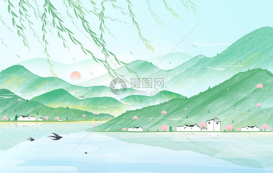 立春水墨山水绿色柳树江南水乡插画背景图片