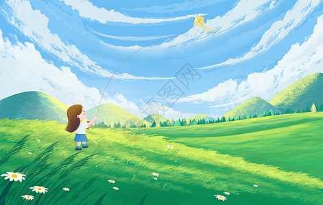 绿色云彩素材立春春天晴空万里蓝天白云小孩放风筝插画