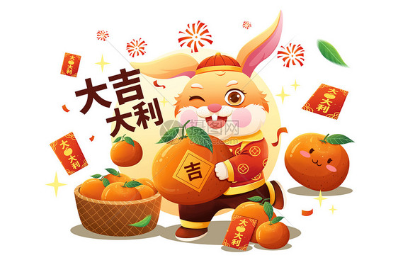 2023兔年抱橘子福兔大吉大利图片