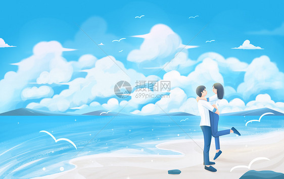 情人节唯美治愈海边天空浪漫风景插画图片