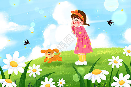 春天草地上呐喊的女孩和小狗插画图片