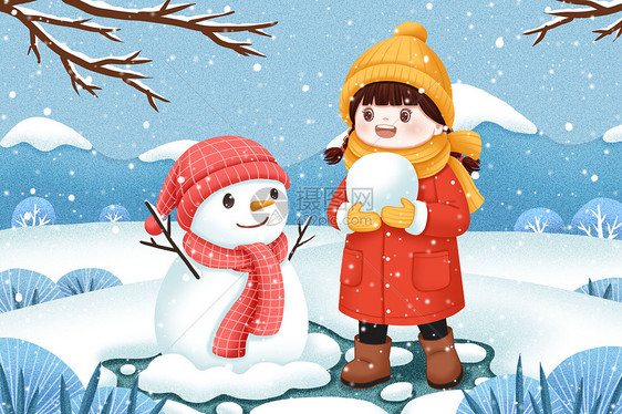冬天雪中堆雪人的小女孩图片