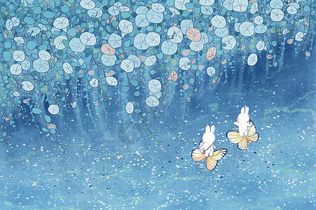 兔子湖上看花海水彩风可爱治愈横版插画背景图片