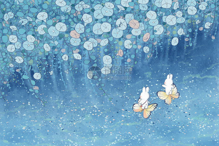 兔子湖上看花海水彩风可爱治愈横版插画插画图片下载-正版图片402420913-摄图网