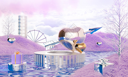 紫色爱情c4d立体情人节展台模型设计图片