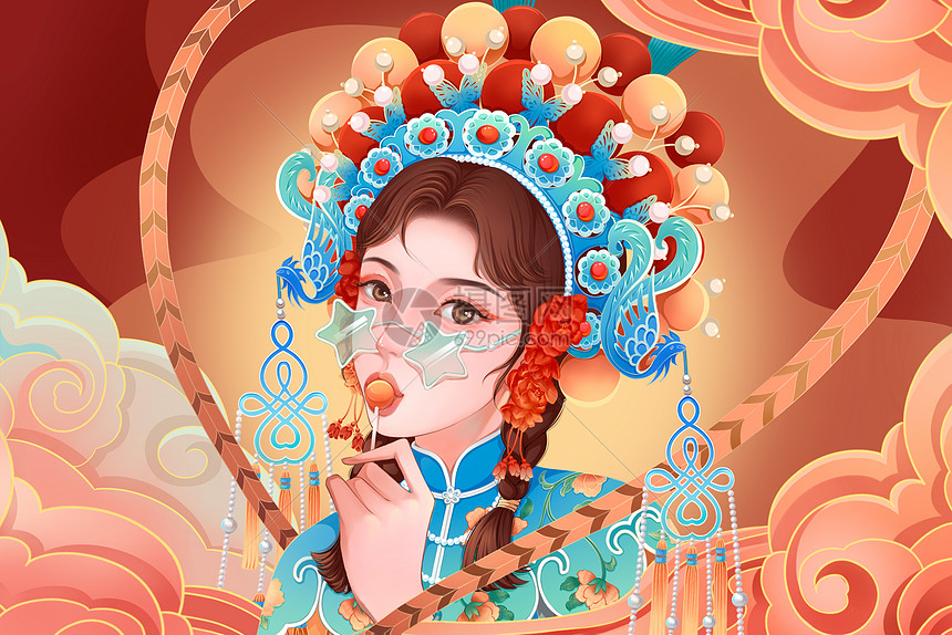 国潮京剧人物横版插画插画图片下载-正版图片402423620-摄图网