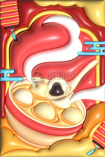 元宵节AI膨胀风灯笼汤圆祥云红黄色喜庆背景图片