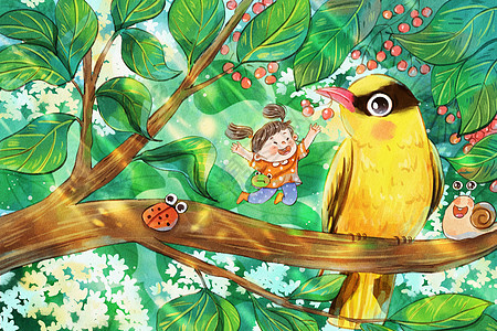 惊蛰节气之黄鹂鸟与女孩水彩治愈系插画图片