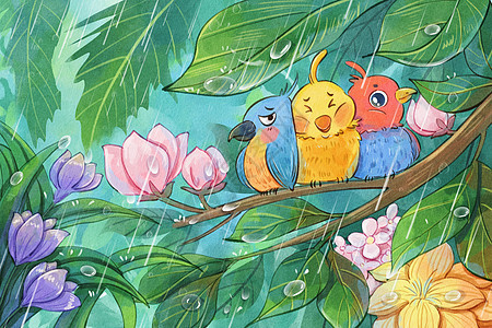 雨水节气春天可爱的鸟治愈系插画图片