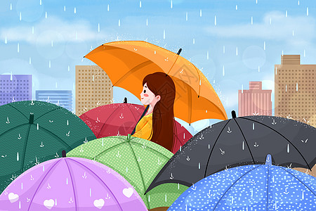 雨天撑伞的女孩插画图片