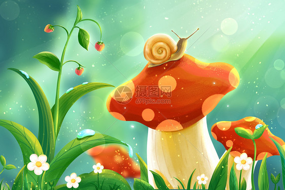 蘑菇上的蜗牛插画图片