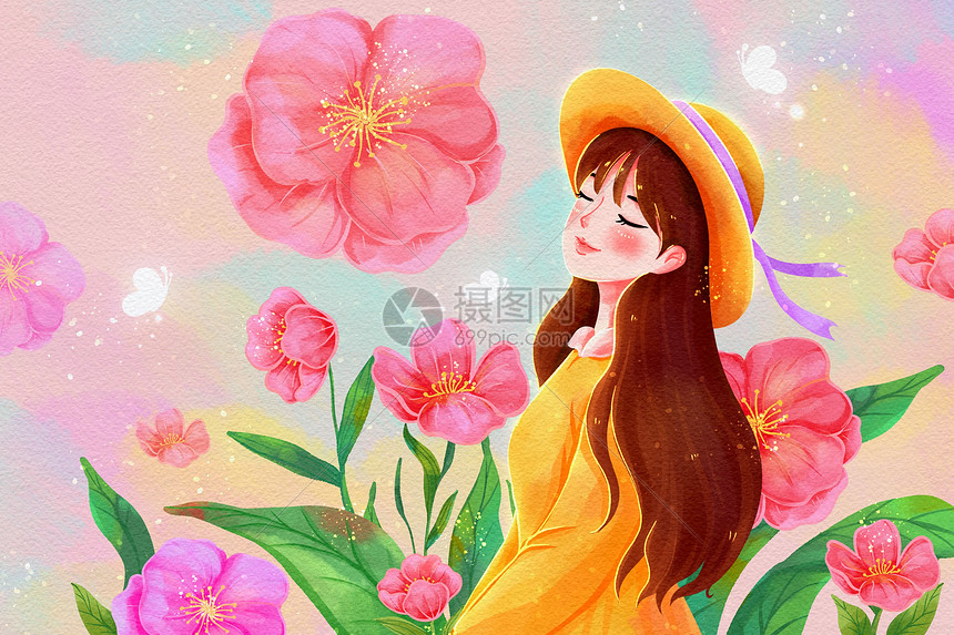 水彩女生花朵插画图片