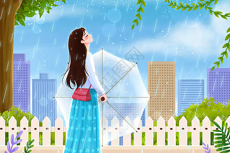 雨天感受雨水的女孩插画图片素材