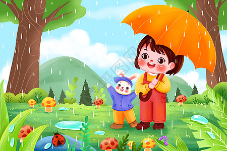雨天撑伞一起看雨的女孩和兔子插画图片