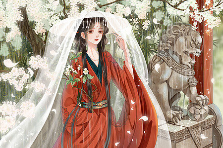 雨水戴着幕篱的古代女子古风插画图片