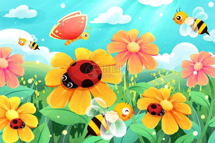 春天惊蛰节气花朵中的昆虫插画图片
