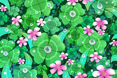 春天雨水节气雨中的四叶草花朵插画背景图片