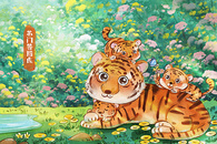 世界野生动物日之可爱的老虎一家水彩治愈系插画图片