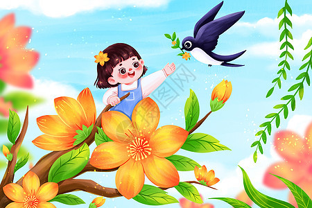 春天里的女孩和小燕子插画图片