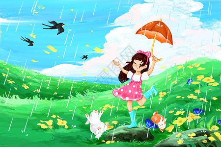 手绘水彩油画风卡通二十四节气雨水女孩打伞青草地兔子插画图片