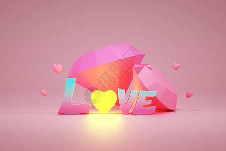 创意C4D情人节粉色LOVE与钻石3D立体模型图片