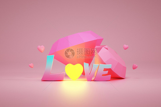 创意C4D情人节粉色LOVE与钻石3D立体模型图片