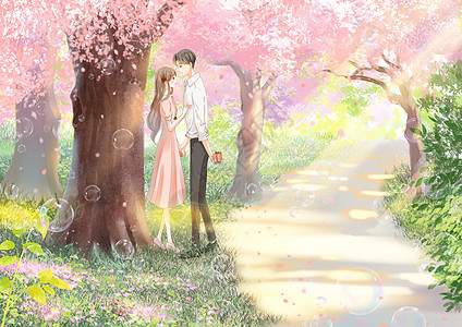 情人节插画樱花林约会的情侣图片