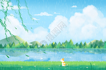 春天雨水节气猫治愈系插画场景背景图片